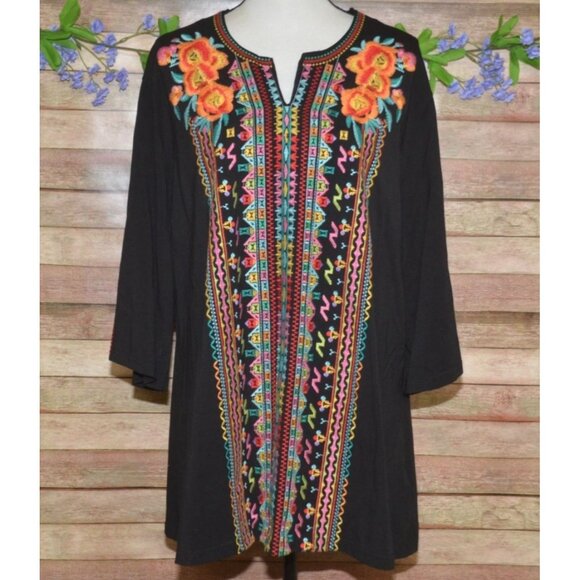 Caleooa Black Boho Embroidered Floral Pullover Blouse Top Plus Size 3X Tunic - Picture 1 of 11